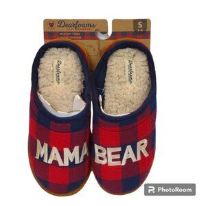 Dearfoams Navy Red Plaid "Mama Bear" Memory Foam Sherpa Insole Clog Slippers New